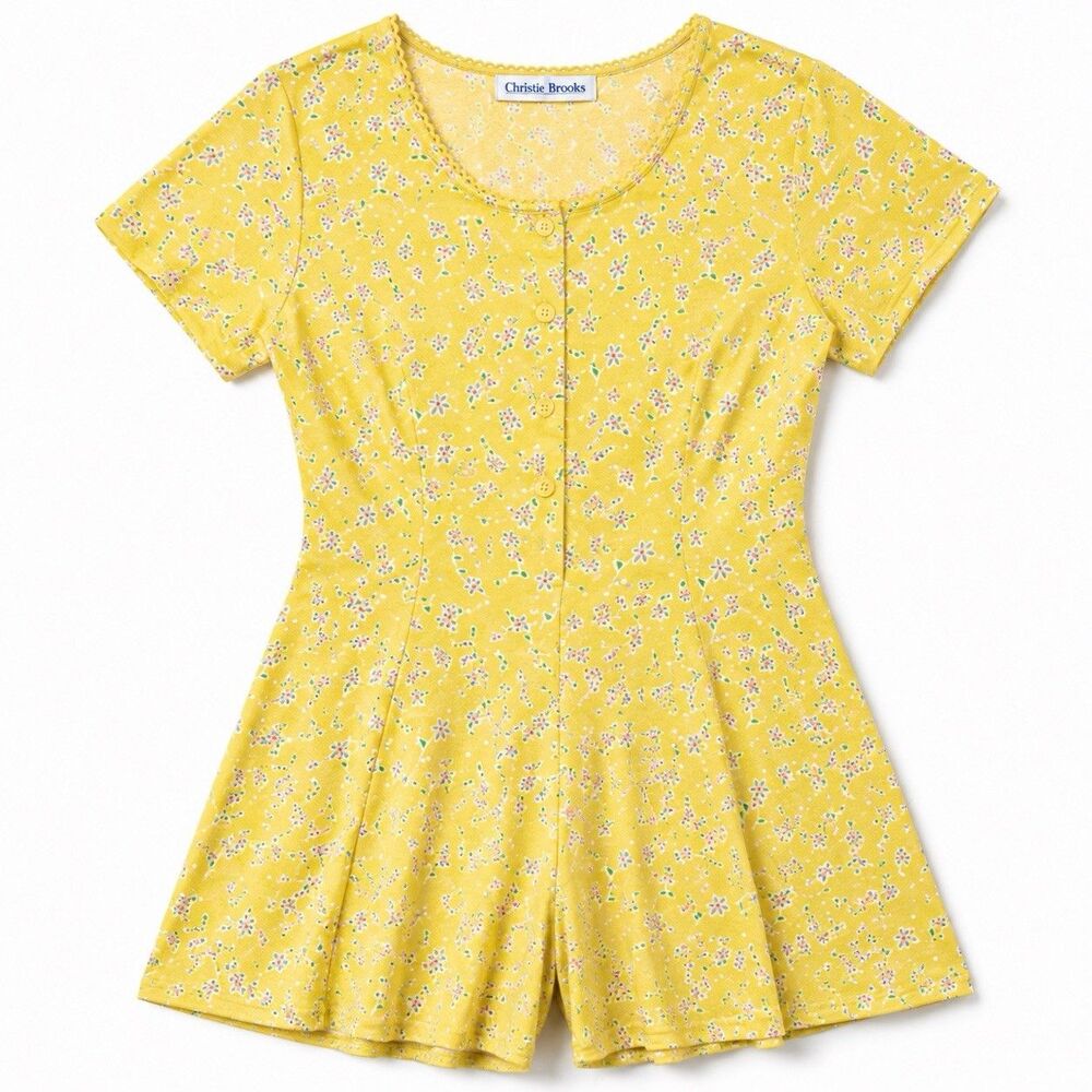 Vintage Christie Brooks Girls Floral Romper Yellow Daisy Short Sleeve Large (14)